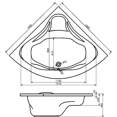 Схема угловой ванны Alpen Rumina 140