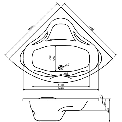 Схема угловой ванны Alpen Jupiter 140