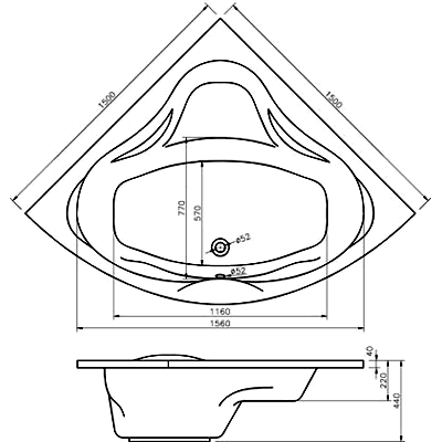 Схема угловой ванны Alpen Jupiter 150