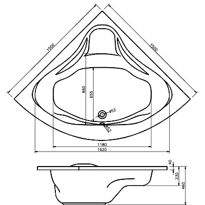 Схема угловой ванны Alpen Rumina 150