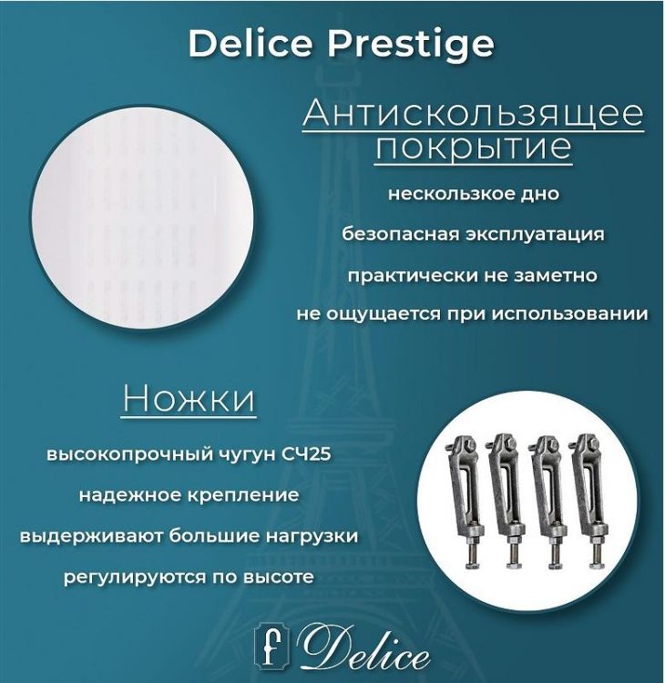 Чугунная ванна Delice Prestige 175х75 DLR230611-AS без отверстий под ручки с антискользящим покрытием