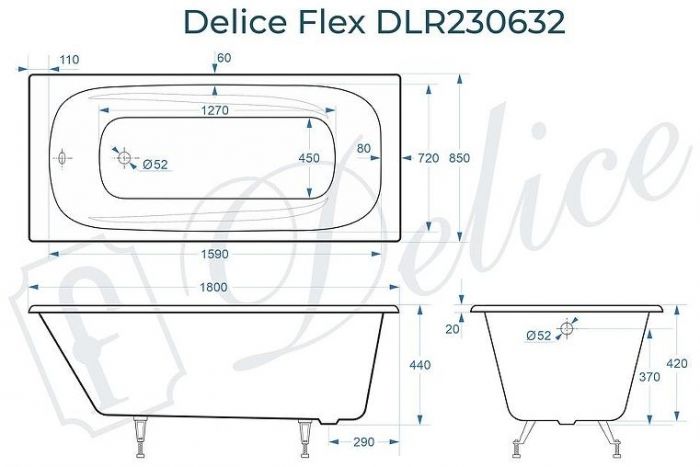 Чугунная ванна Delice Flex 180х85 DLR230632 без отверстий под ручки и антискользящего покрытия