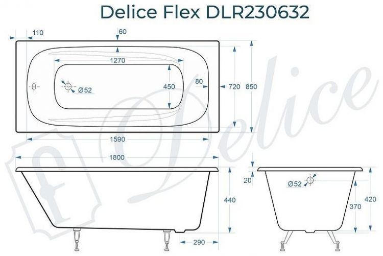 Чугунная ванна Delice Flex 180х85 DLR230632 без отверстий под ручки и антискользящего покрытия