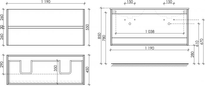 Тумба подвесная SANCOS под раковину Urban, дуб чарльстон 1190х450х550, UR120-2ECH