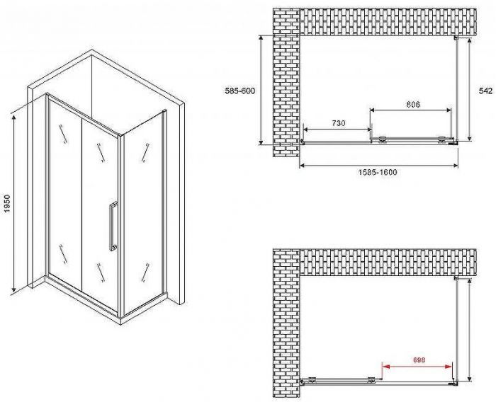 Душевой уголок Abber Schwarzer Diamant 160x60 AG30160BH-S60B профиль Черный стекло прозрачное