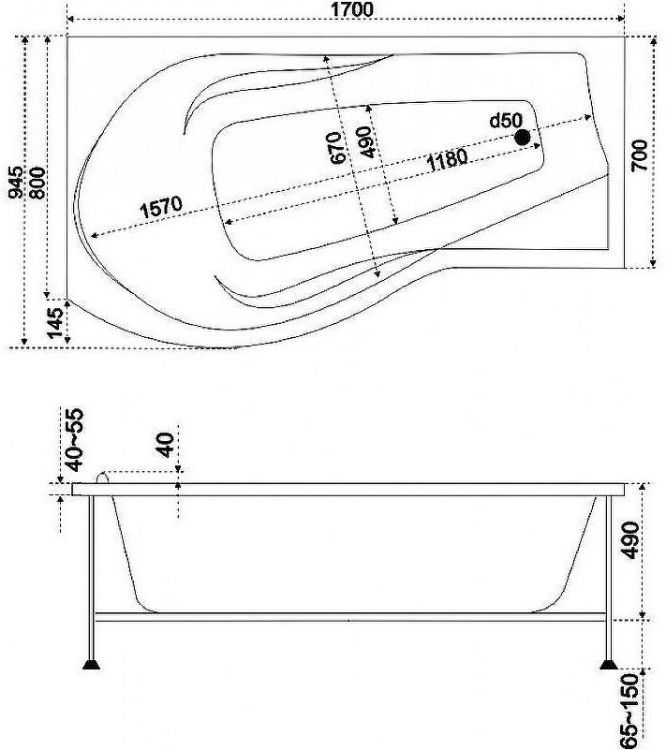Акриловая ванна Bas Капри 170x95 R В 00016 без гидромассажа