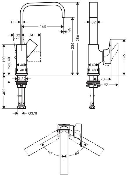 Hansgrohe Metropol Смеситель для раковины 230, на 1 отв, с донным клапаном, излив 165мм, цвет: золото