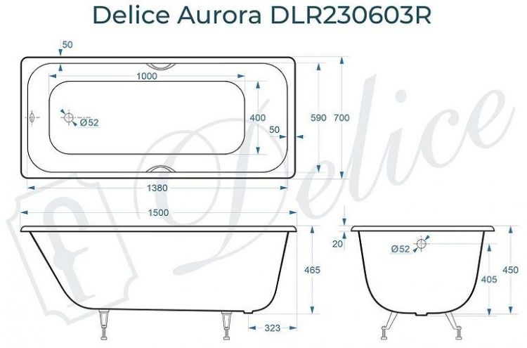 Чугунная ванна Delice Aurora 150х70 DLR230603R с отверстиями под ручки без антискользящего покрытия