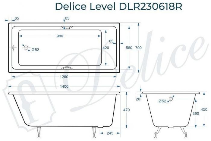 Чугунная ванна Delice Level 140х70 DLR230618R с отверстиями под ручки без антискользящего покрытия