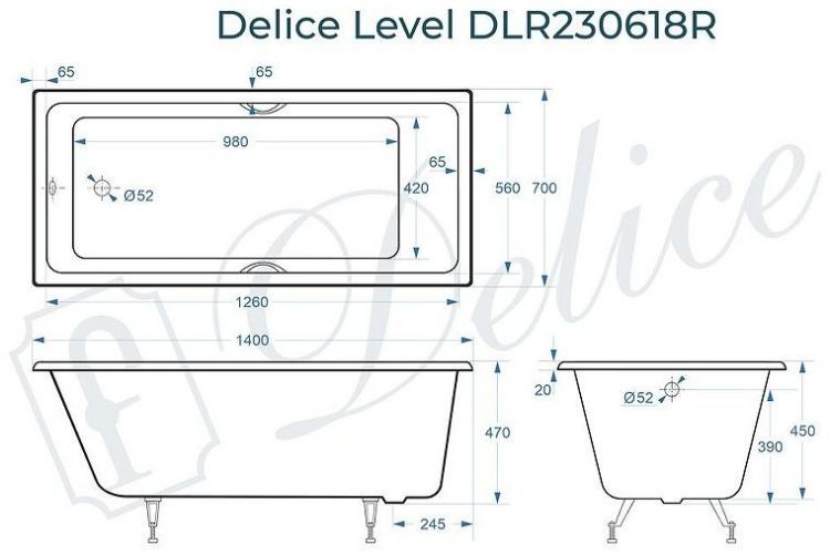 Чугунная ванна Delice Level 140х70 DLR230618R с отверстиями под ручки без антискользящего покрытия