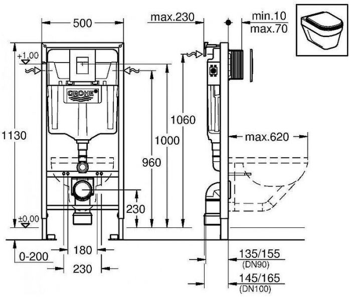 Комплект унитаза BelBagno Uno BB3105CHR/SC с инсталляцией Grohe Rapid SL 38811KF0 с сиденьем Микролифт и Черной матовой клавишей смыва