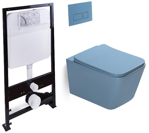 Комплект унитаза с инсталляцией SantiLine SL-5007BL+SL-01/BL цвет Голубой матовый с сиденьем Микролифт и клавишей смыва цвет Голубой матовый