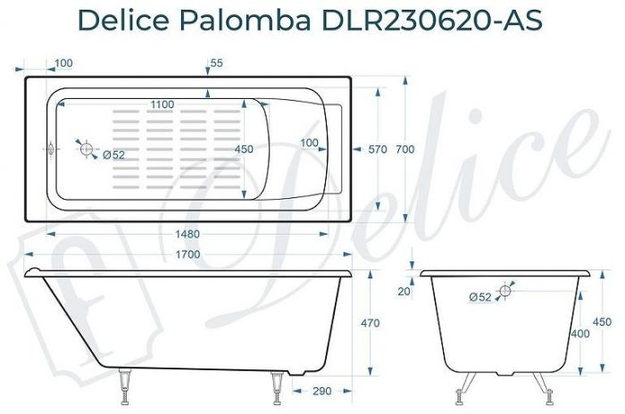 Чугунная ванна Delice Palomba 170х70 DLR230620-AS без отверстий под ручки с антискользящим покрытием