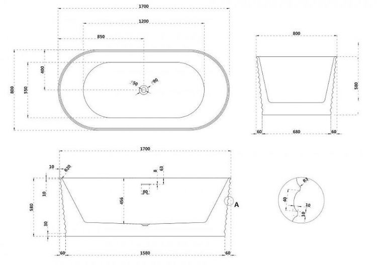 Ванна из искусственного камня Abber Stein 170x80 AS9650 без гидромассажа Ванна из искусственного камня Abber Stein 170x80 AS9650 без гидромассажа
