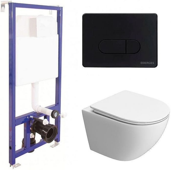 Комплект унитаза BelBagno Uno-Tor BB5177CH-TOR/SC с инсталляцией Berges Novum D5 040235 с сиденьем Микролифт и Черной матовой клавишей смыва