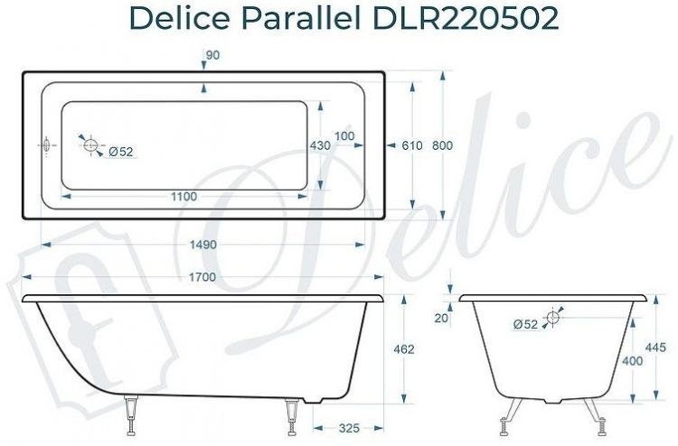 Чугунная ванна Delice Parallel 170х80 DLR220502 без отверстий под ручки и антискользящего покрытия