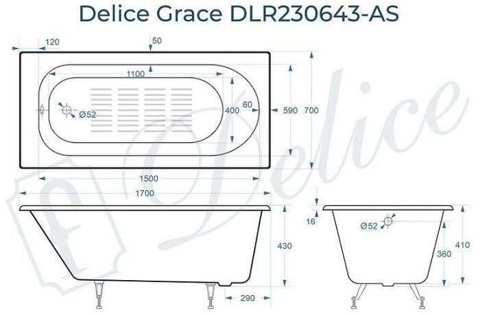 Чугунная ванна Delice Grace 170х70 DLR230643-AS без отверстий под ручки с антискользящим покрытием