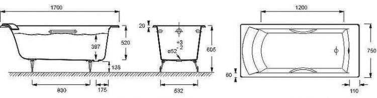 Чугунная ванна Jacob Delafon Biove 170x75 E2938-00 с антискользящим покрытием Чугунная ванна Jacob Delafon Biove 170x75 E2938-00 с антискользящим покрытием