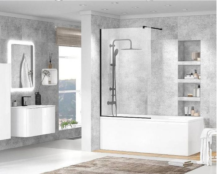 Шторка на ванну Cezares Liberta 80 LIBERTA-V-1-80/155-C-NERO профиль Черный матовый стекло прозрачное