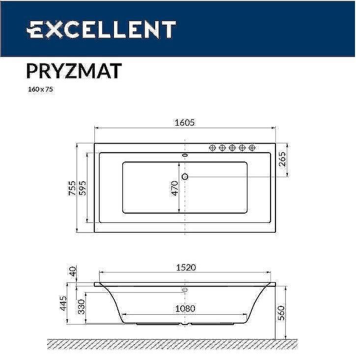 Акриловая ванна Excellent Pryzmat Slim 160x75 WAEX.PRY16S.RELAX.GL с гидромассажем