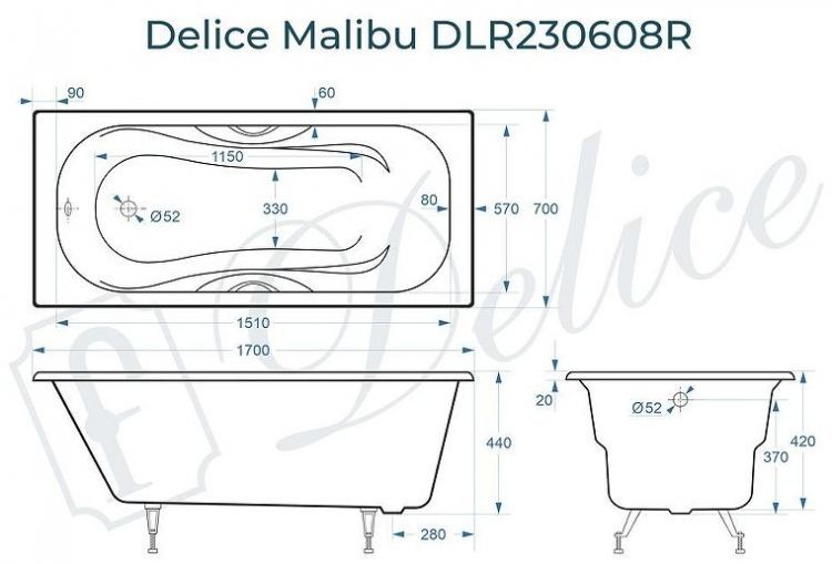 Чугунная ванна Delice Malibu 170х70 DLR230608R с отверстиями под ручки без антискользящего покрытия