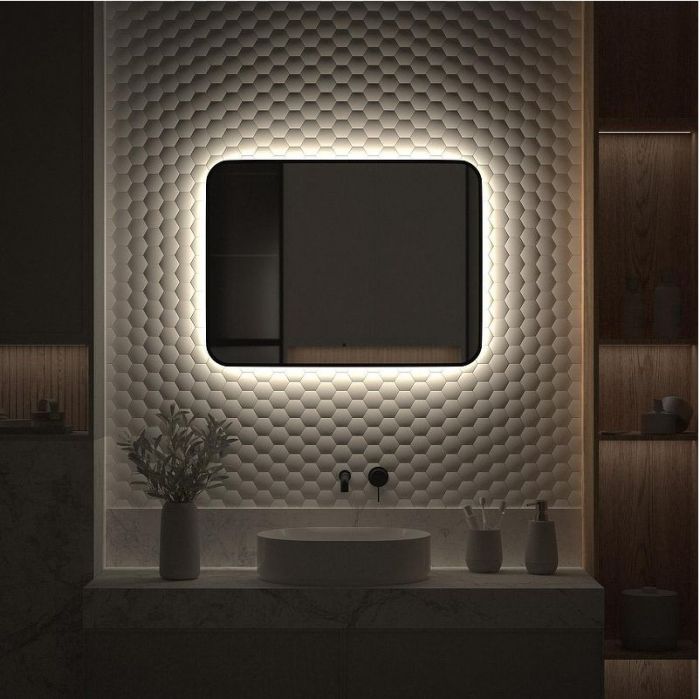 Зеркало Defesto Aura 80х60 DF 2967RH с подсветкой 25W-4500K/ИК - выключатель/Нейтральный белый свет/Черная рама