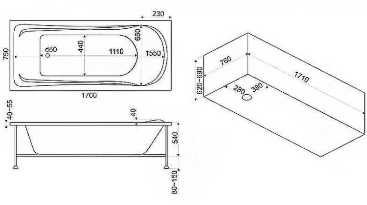 Акриловая ванна Bas Мальта 170x75 В 00023 без гидромассажа Акриловая ванна Bas Мальта 170x75 В 00023 без гидромассажа