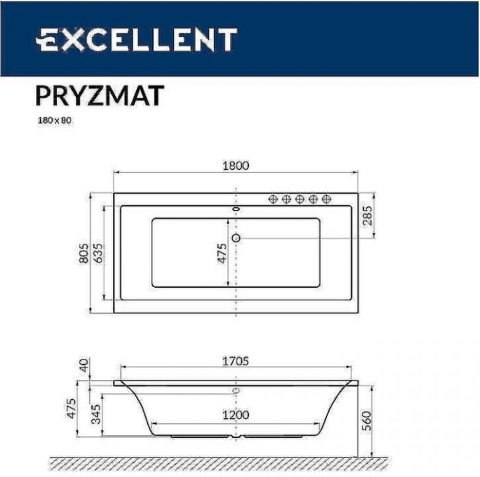 Акриловая ванна Excellent Pryzmat Slim 180x80 WAEX.PRY18S.RELAX.GL с гидромассажем