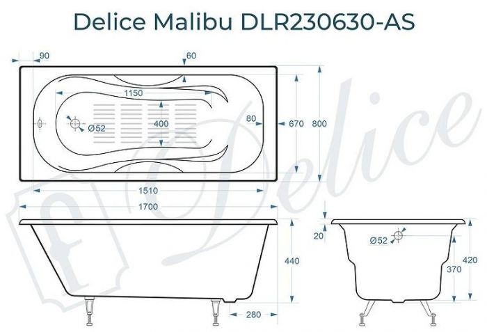 Чугунная ванна Delice Malibu 170х80 DLR230630-AS без отверстий под ручки с антискользящим покрытием