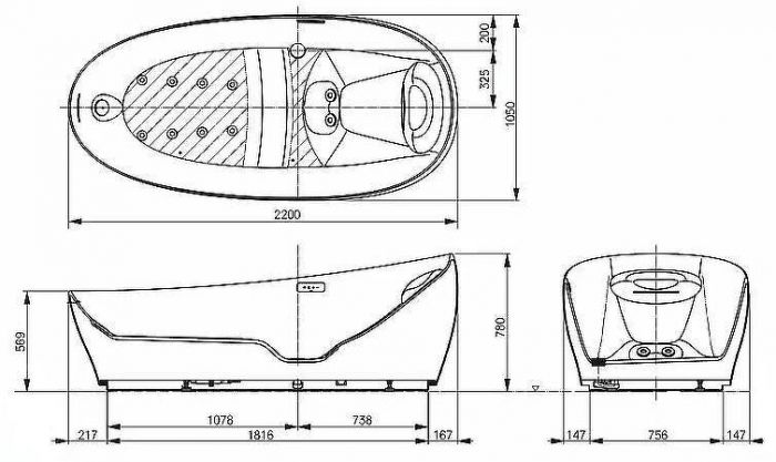 Ванна из искусственного камня Toto Neorest PJYD2200PWEE#GW 220х105 с гидромассажем