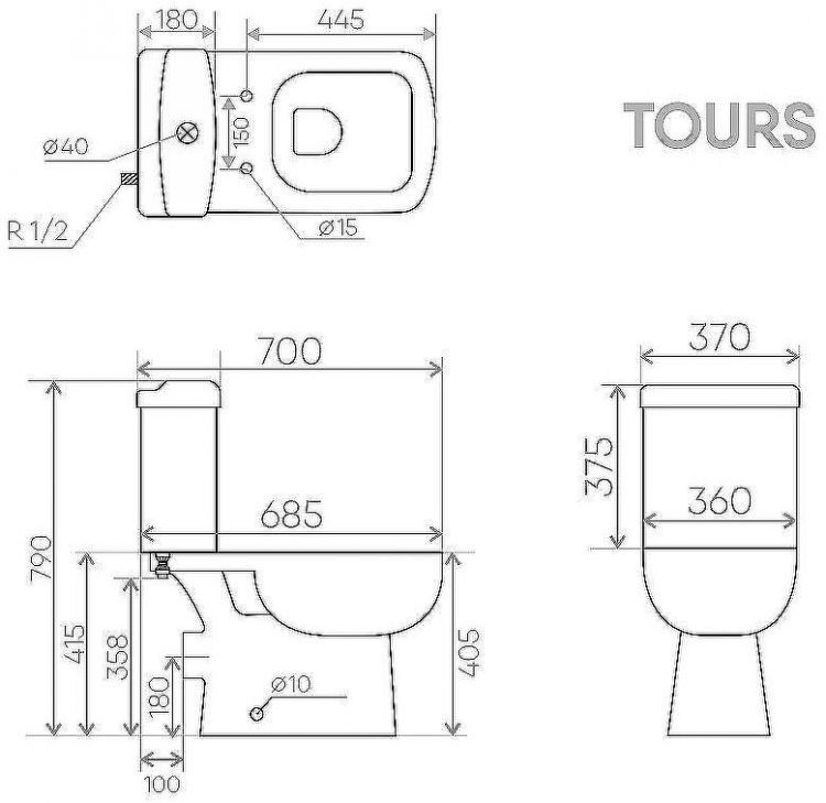 Унитаз компакт Creo Ceramique Tours TO1003N+TO1002RS с бачком и сиденьем Микролифт