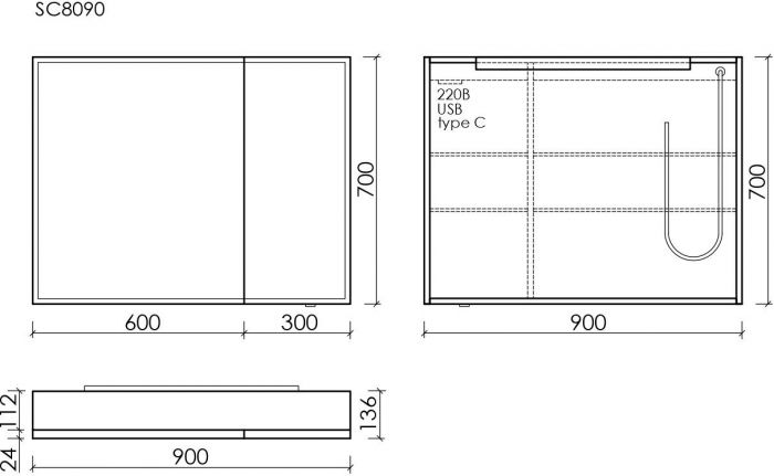 Зеркальный шкаф SANCOS для ванной комнаты из алюминия SANCOS Evoke 900x700х136 мм с LED подсветкой, SC8090