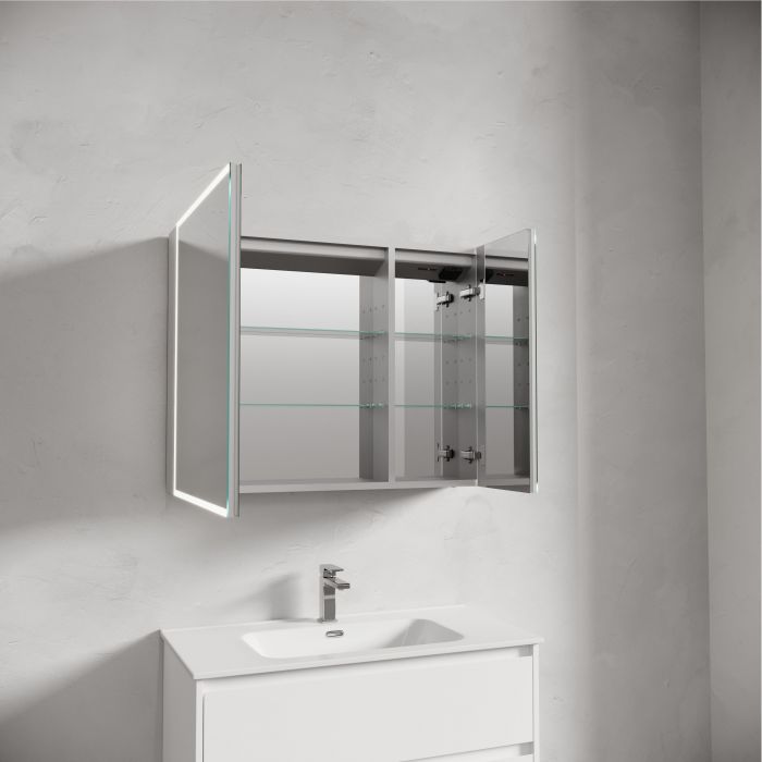 Зеркальный шкаф SANCOS для ванной комнаты из алюминия SANCOS Evoke 900x700х136 мм с LED подсветкой, SC8090