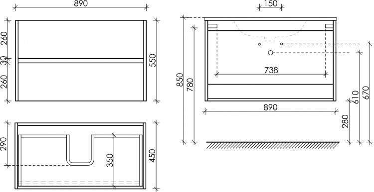 Тумба подвесная SANCOS под раковину Urban, дуб чарльстон 890х450х550, UR90ECH