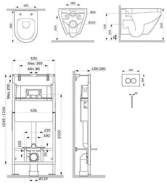 Комплект унитаза с инсталляцией AM.PM Spirit V2.0 FlashClean IS100138.701700 с сиденьем Микролифт и Черной матовой клавишей смыва