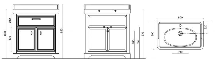 Тумба POMPEI под умывальник напольная 80 см,1 ящик, 2 дверцы белый