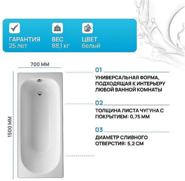 Чугунная ванна Jacob Delafon Soissons 150x70 E2941-00 Белая