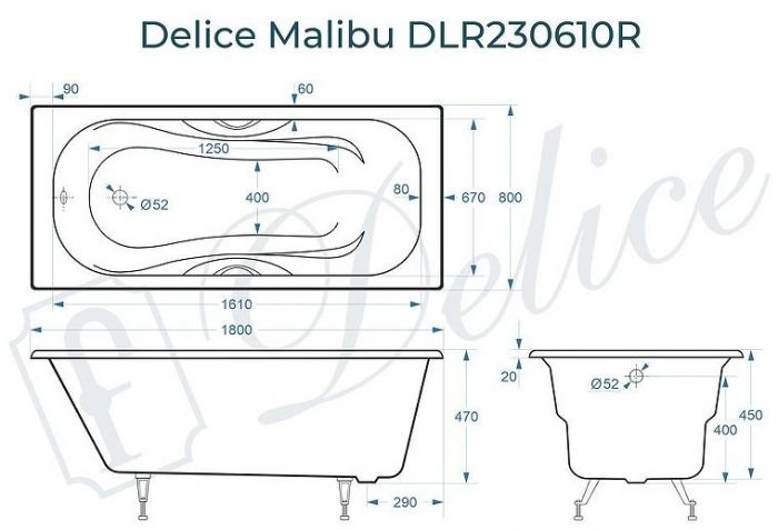 Чугунная ванна Delice Malibu 180х80 DLR230610R с отверстиями под ручки без антискользящего покрытия