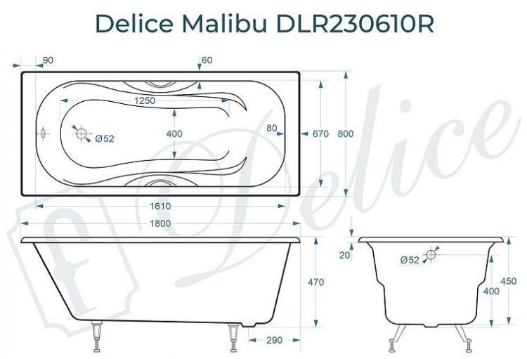 Чугунная ванна Delice Malibu 180х80 DLR230610R с отверстиями под ручки без антискользящего покрытия