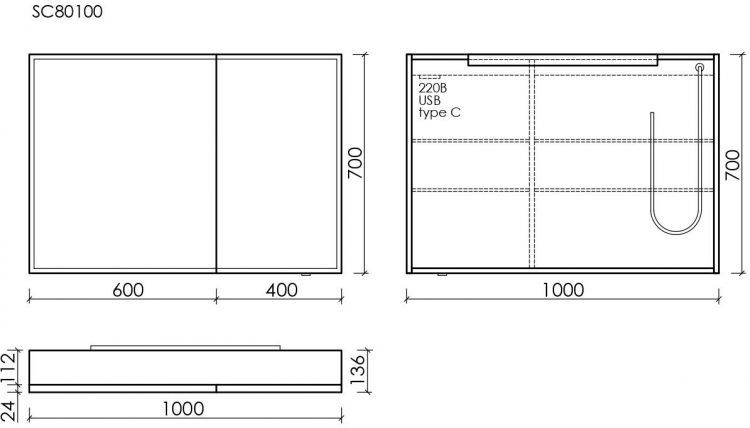 Зеркальный шкаф SANCOS для ванной комнаты из алюминия SANCOS Evoke1000x700х136 мм с LED подсветкой, SC80100