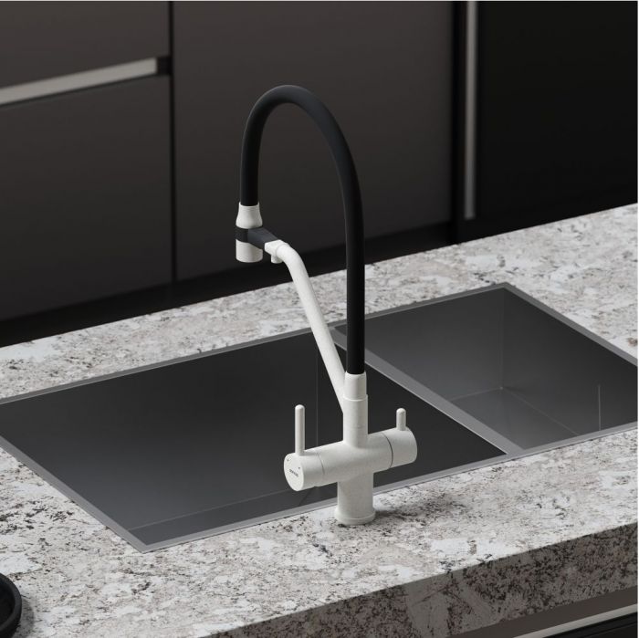 Смеситель для кухни Sancos Dora с гибким изливом, цвет белый гранит/черный, SC4003GR
