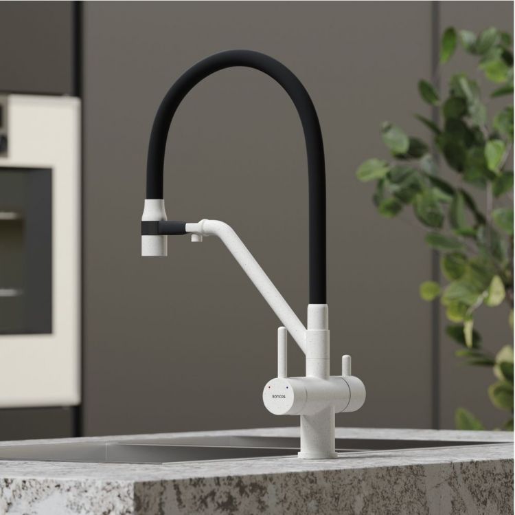 Смеситель для кухни Sancos Dora с гибким изливом, цвет белый гранит/черный, SC4003GR