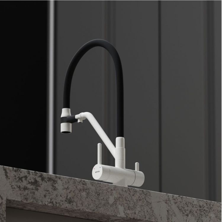 Смеситель для кухни Sancos Dora с гибким изливом, цвет белый гранит/черный, SC4003GR