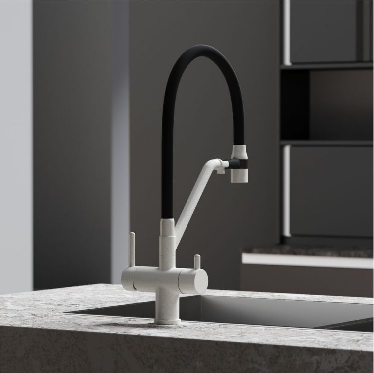 Смеситель для кухни Sancos Dora с гибким изливом, цвет белый гранит/черный, SC4003GR