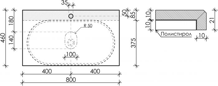 Столешница для ванной комнаты SANCOS 800х460 с отверстием под смеситель, цвет black sky, артикул TT80A1X, TT80A1X