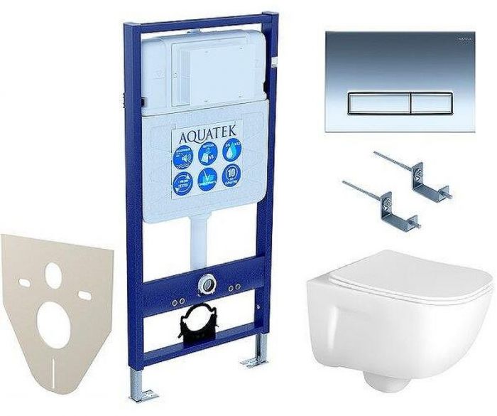 Комплект унитаза с инсталляцией Aquatek Set Aquatek Дива-016 4в1 с сиденьем Микролифт и клавишей смыва Хром глянцевый