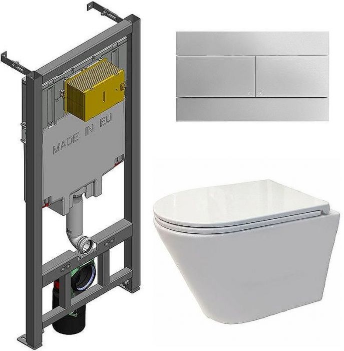 Комплект унитаза Koller Pool Orion OR-0515-RW с сиденьем Микролифт и инсталляцией Jacob Delafon E29025-NF+E4316-CP с клавишей смыва Хром