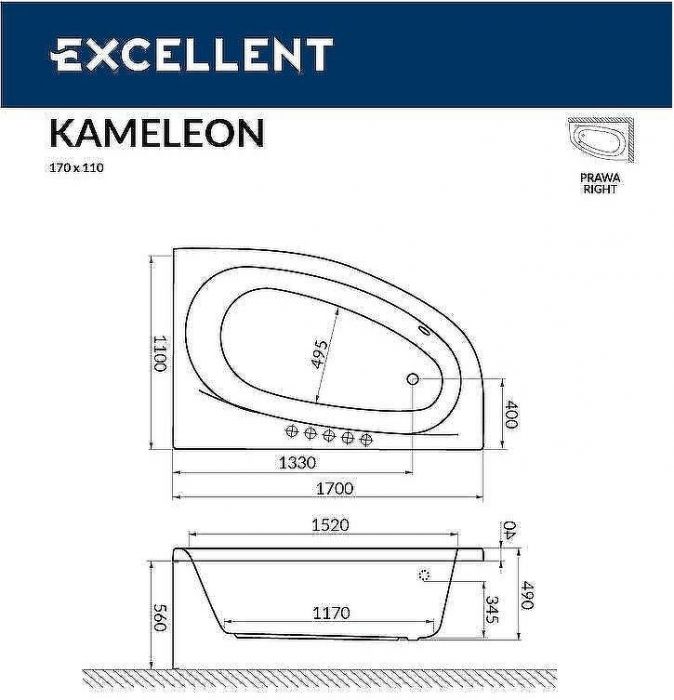 Акриловая ванна Excellent Kameleon 170x110 R WAEX.KMP17.SOFT.GL с гидромассажем