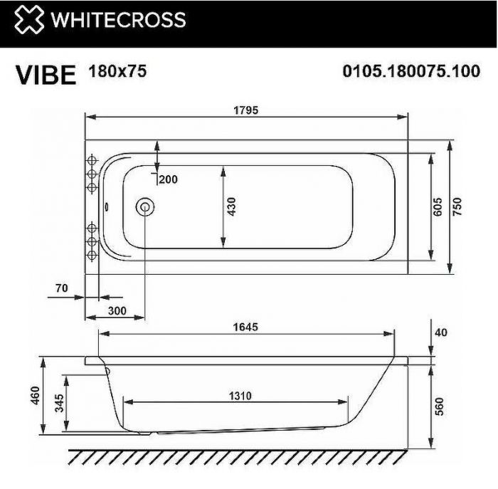 Акриловая ванна Whitecross Vibe 180x75 0105.180075.100.ULTRANANO.GL с гидромассажем