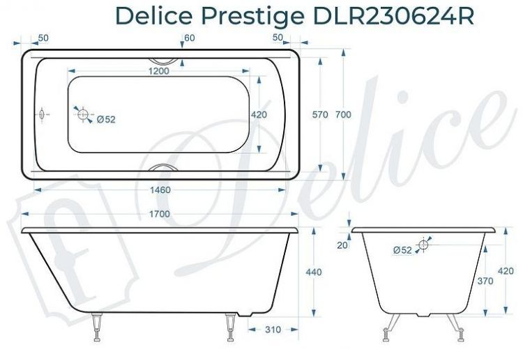 Чугунная ванна Delice Prestige 170х70 DLR230624R с отверстиями под ручки без антискользящего покрытия